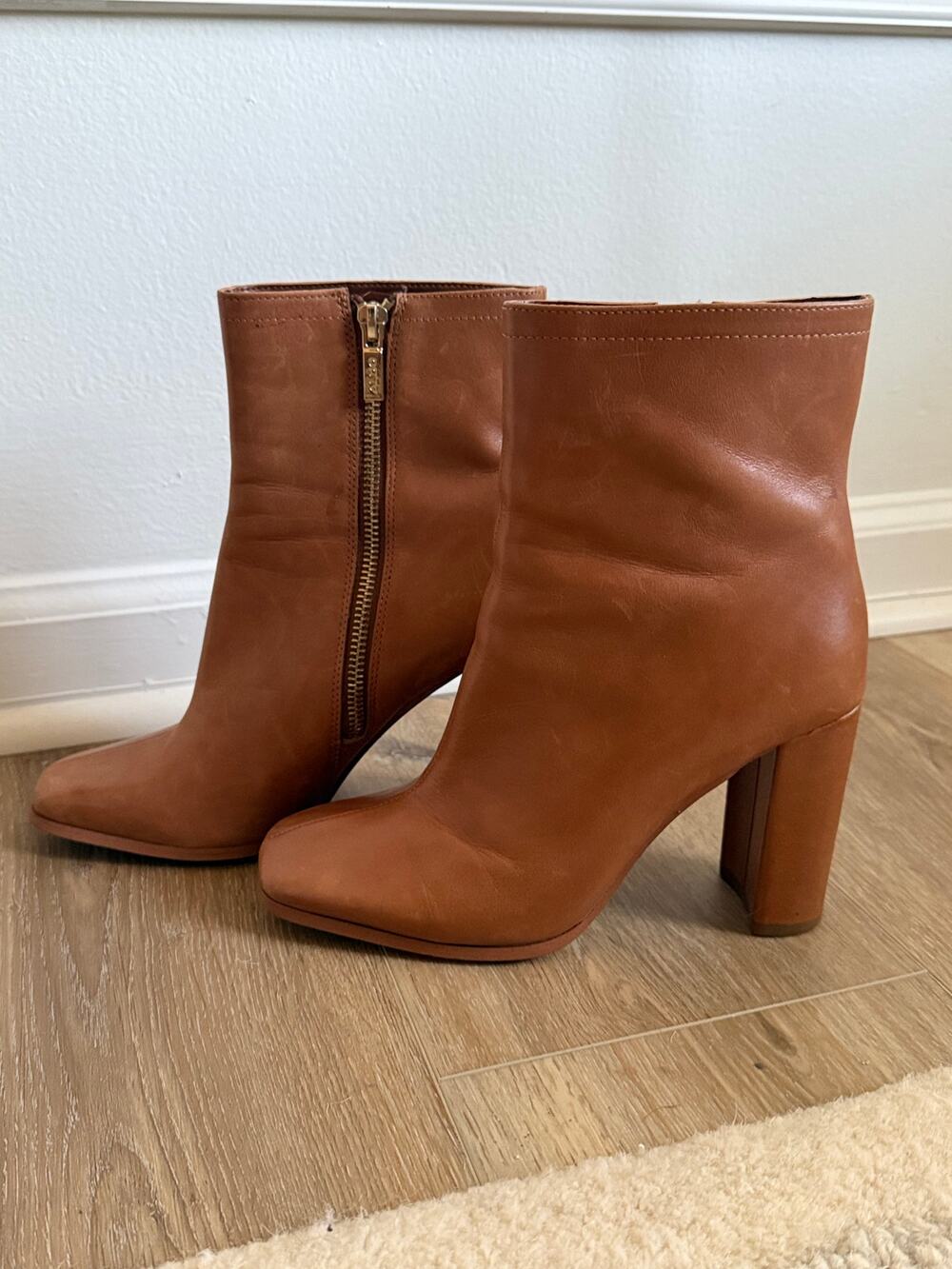 Aldo Brown Leather Ankle Boots Gold Zip Block Heel Booties Women’s 7